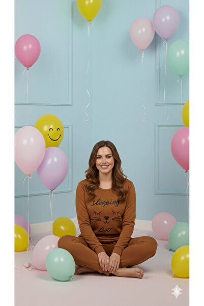 FAMES PİJAMA Winter Fleece Pajama Set Cat Embroidery