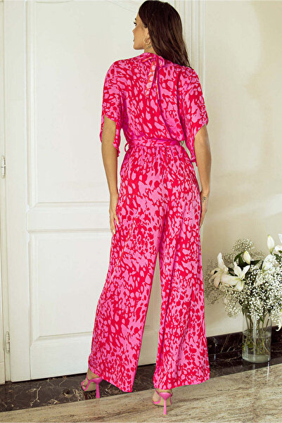 WildFashion Elegant/casual short-sleeved jumpsuit, made of lightweight material with abstract print, Fuchsia A865-55
