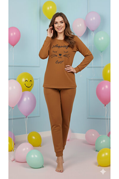 FAMES PİJAMA Winter Fleece Pajama Set Cat Embroidery