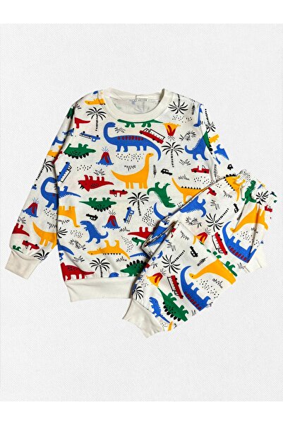 Pajama Shop Boys' Cotton Fabric White Color Fleece-Lined Dinosaurs Patterned Long Sleeve Winter Pajamas Set