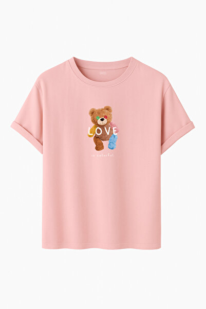 DK DAKSEL تي شيرت "الحب ملون" تيدي بير الملون مطبوع قصة فضفاضة مقاس عادي للجنسين