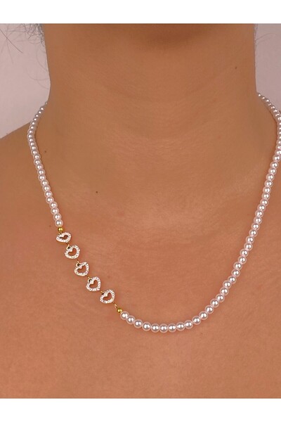 Furtek Aksesuar Minimal Heart Detailed Pearl Bead Necklace Model Gold Plated Detail