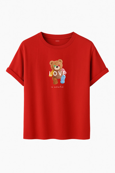 DK DAKSEL "Love Is Colorful" Colorful Teddy Bear Printed Oversized Regular Fit Unisex T-Shirt