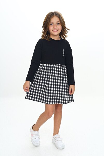 Toontoy Kız Çocuk Baskılı Relax Fit Bisiklet Yaka Uzun Kollu Elbise - Renk Bl...