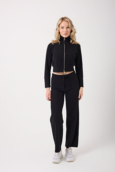 Silk & Spice طقم رياضي نسائي من قماش سالونيك بسحاب مزدوج ياقة مرتفعة متوسطة الطول كروب كارديجان