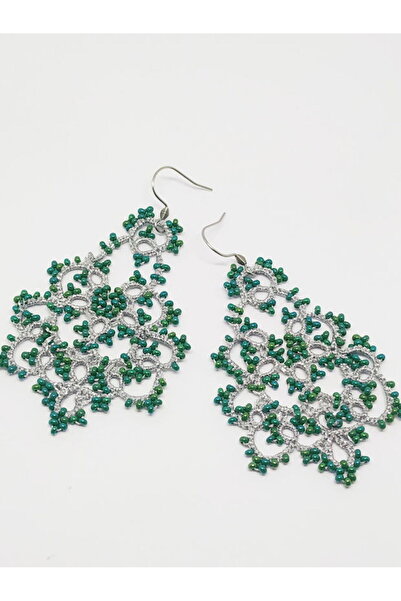Ileanabiju Silver and Green Frivolite Lace Earrings
