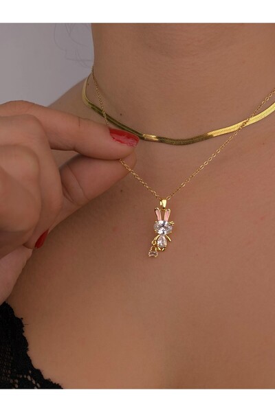 Furtek Aksesuar Rabbit with Bag Gold Steel Necklace Italian Chain Combination Set 2-Piece Necklace Gift Minimal Tarnish-Free