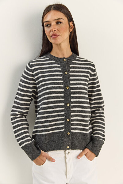 Bianco Lucci Women's Gold Button Detailed Thin Striped Crew Neck Knitwear Cardigan Th251095 60283883