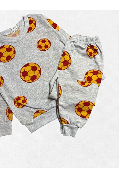 Pajama Shop Boy's Cotton Fabric Gray Color Fleece-Lined Yellow Red Ball Pattern Long Sleeve Winter Pajama Set