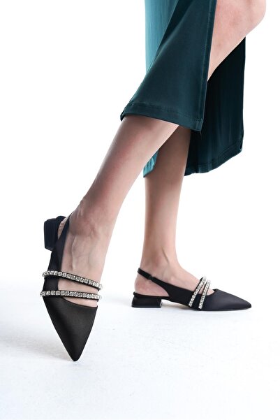 asmi shoes Balerini Linda din satin negru, cu două rânduri de pietre, spate d...