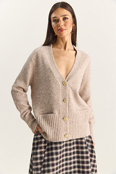 Bianco Lucci Women's V-Neck Stone Button Pocketed Soft Textured Knitwear Cardigan 2444 60283874