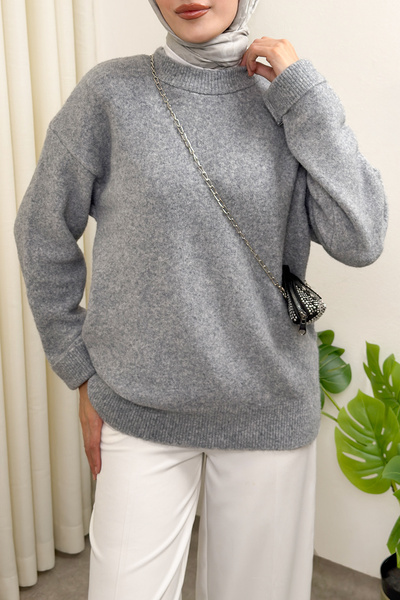 Salih Çelebi Soft Textured Oversized Knitwear Sweater 07320 - Gray
