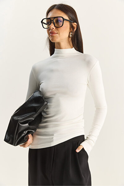 Bianco Lucci Γυναικεία μπλούζα με μαλακή αφή με μισό ζιβάγκο με κορδόνια Basic 1014 60283889