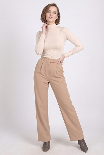 armonika Women's Beige Stretch Fabric Pleated Velcro Closure Palazzo Pants Arm-26K001059