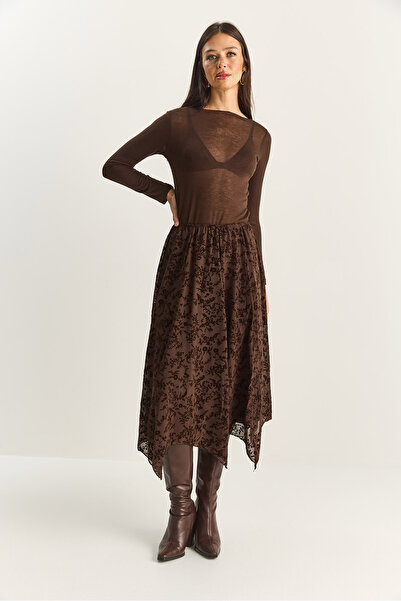 Bianco Lucci Fusta midi asimetrică cu talie elastică croială pentru femei, cu model din catifea, căptușită DE251125 60283880