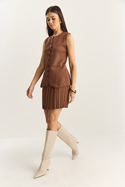 Bianco Lucci Women's Crew Neck Buttoned Knitwear Vest Pleated Mini Skirt Top and Bottom Set 280017-18 60283872