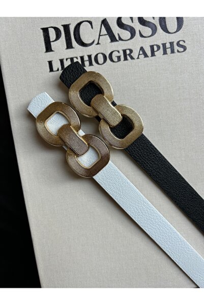 LİA KEMER 2-Piece Knack Interlocking Ring Patterned Women's Gold Buckle Belt Coat Belt Dress Belt Trouser Belt