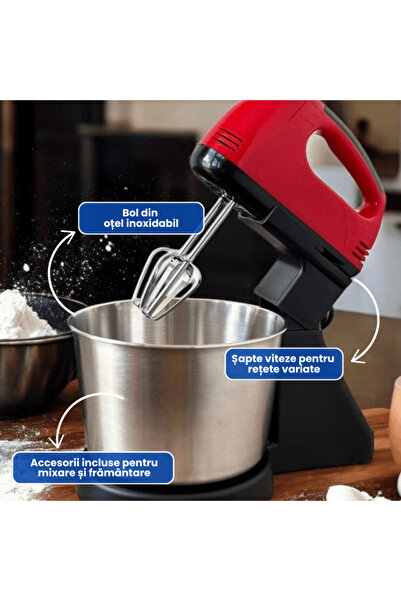 OferteTop Mixer with Stainless Steel Bowl, 7 Speeds and Accessories for Dough and Cakes (270W)