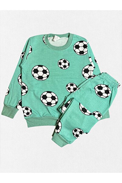 Pajama Shop Țesătură din bumbac pentru băieți Culoare verde cu căptușeală din fleece Set de pijamale de iarnă cu mâneci lungi cu model de mingi de fotbal