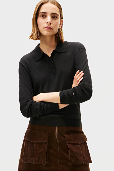 Tommy Hilfiger Women's V Polo Neck Long Sleeve Regular Fit Cotton Solid Black...