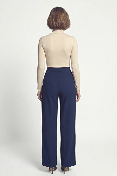 armonika Women's Navy Blue Stretch Fabric Pleated Velcro Closure Palazzo Pants Arm-26K001059