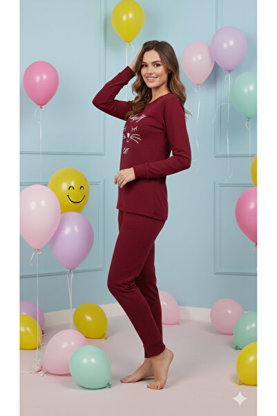FAMES PİJAMA Winter Fleece Pajama Set Cat Embroidery