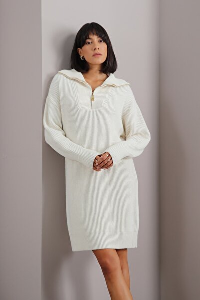 Ferraro Ecru Long Sleeve Cashmere Zipper Detailed Wide Collar Women's Knitwear Dress