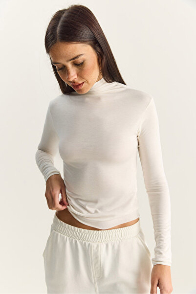 Bianco Lucci Women's Transparent Mock Neck Flexible Regular Length Knitted Blouse 6090 60283890