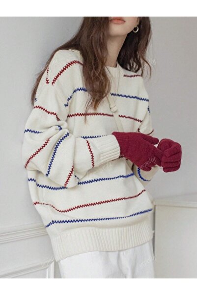 Dier Moda Pulover tricotat pentru femei supradimensionat – cu dungi de culoare albă, textura confortabilă și moale Fmoda1989