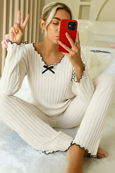 ELİTOL Ecru Cotton Bow Detailed Pajama Set