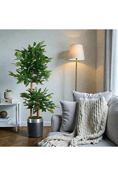 ERHAN FLOWERS Yapay Çiçek Siyah Gümüş Benjamin Salon Balkon Ev Ağacı Yeşil Bitkisi Bambu Gövdeli Dolgun