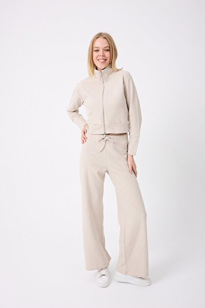 Silk & Spice طقم رياضي نسائي من قماش سالونيك بسحاب مزدوج ياقة مرتفعة متوسطة الطول كروب كارديجان