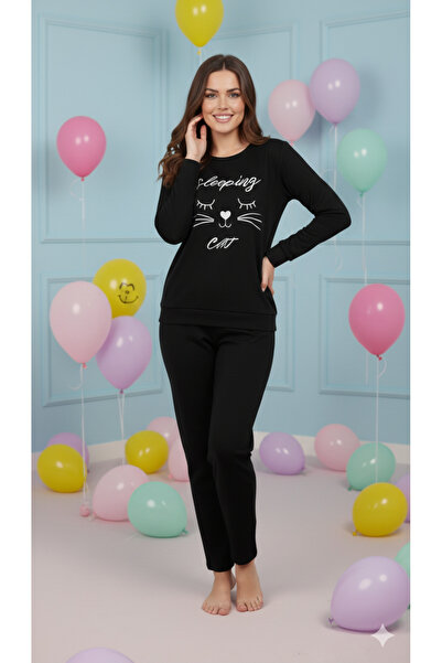 FAMES PİJAMA Winter Fleece Pajama Set Cat Embroidery