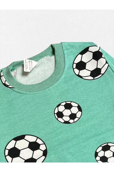 Pajama Shop Boy's Cotton Fabric Green Color Fleece-Lined Football Ball Pattern Long Sleeve Winter Pajamas Set