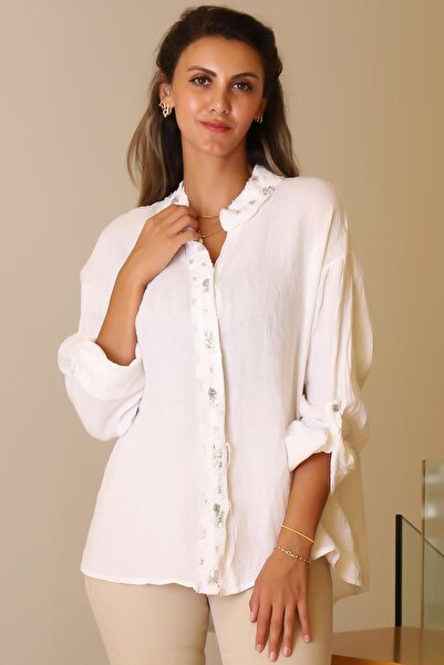 Nazen Giyim Judge Collar Embroidered White Women's Jacket 82217-2Y5