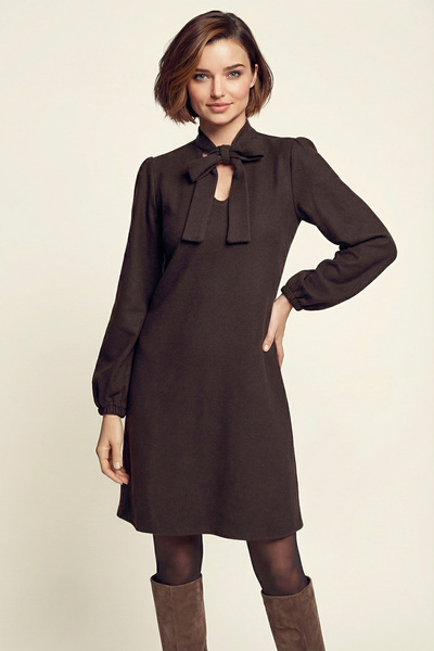 armonika Women's Dark Brown Collar Tie Elasticated Sleeves Velvet Dress Arm-25K001087