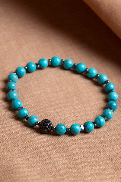 OSMANLI DEĞERLİ TAŞ Certified Turquoise (Turquoise)-Hematite Natural Stone Zircon Apparatus Bracelet Odt044