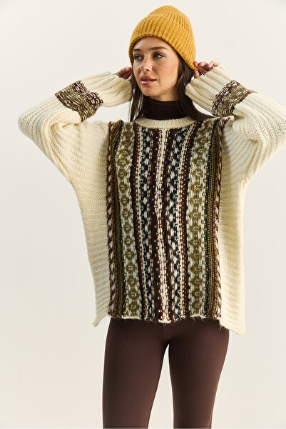Bianco Lucci Women's Ethnic Patterned Oversized Crew Neck Thick Knitwear Sweater 2529 60283875