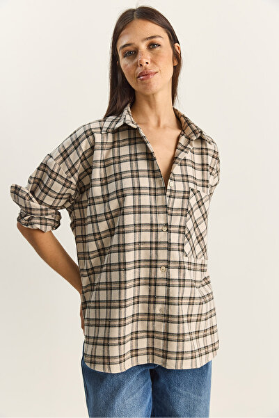 Bianco Lucci Women's Plaid Patterned Stone Printed Relaxed Shirt 2166 60283877