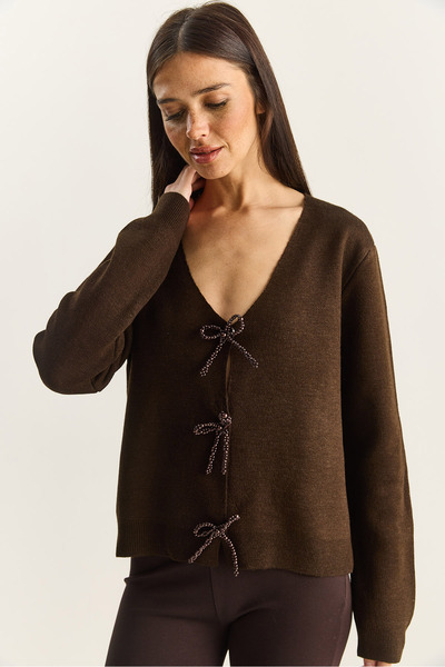 Bianco Lucci Women's Pearl Bow Accessory V-Neck Knitwear Cardigan Th251070 60283885