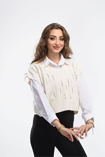 H&E LUXURY DESIGN Women's V-Neck Stone Detailed Comfortable Sweater