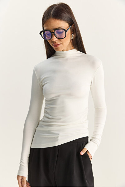 Bianco Lucci Γυναικεία μπλούζα με μαλακή αφή με μισό ζιβάγκο με κορδόνια Basic 1014 60283889