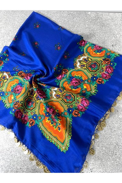 Sobe Hediyelik Mardin Calligraphy Blue Ground Floral Pattern Sequin Headscarf – Daily and Dowry Writing
