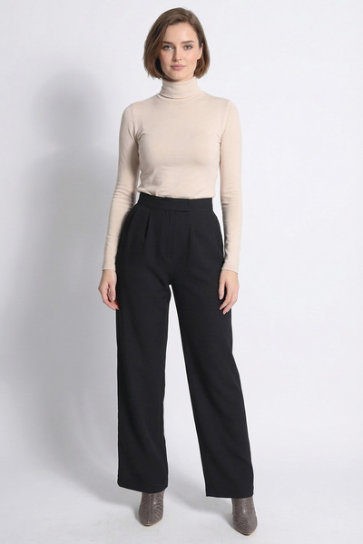 armonika Women's Black Stretch Fabric Pleated Velcro Closure Palazzo Pants Arm-26K001059