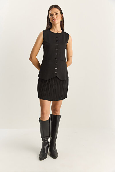 Bianco Lucci Women's Crew Neck Buttoned Knitwear Vest Pleated Mini Skirt Top and Bottom Set 280017-18 60283872