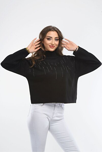 H&E LUXURY DESIGN سترة نسائية سوداء مريحة بتفاصيل حجرية من التريكو