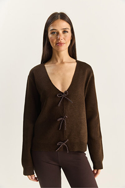 Bianco Lucci Women's Pearl Bow Accessory V-Neck Knitwear Cardigan Th251070 60283885