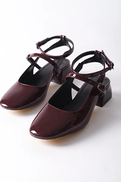 asmi shoes Women's Jeyn Claret Red Patent Leather Square Toe Helmet Short Block Heeled Shoes