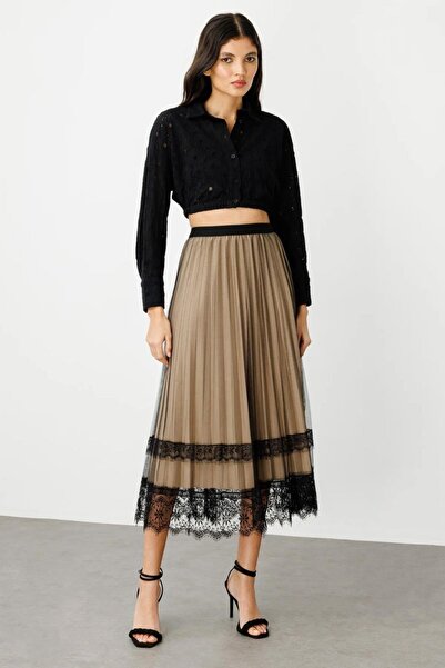 Nazen Giyim Tül Piliseli Midi Boy Bej Kadın Etek 1518-2Y5