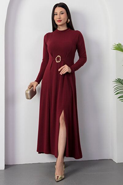 PULLIMM Mock Neck Long Sleeve Buckle Acrylic Dress 2025-4407